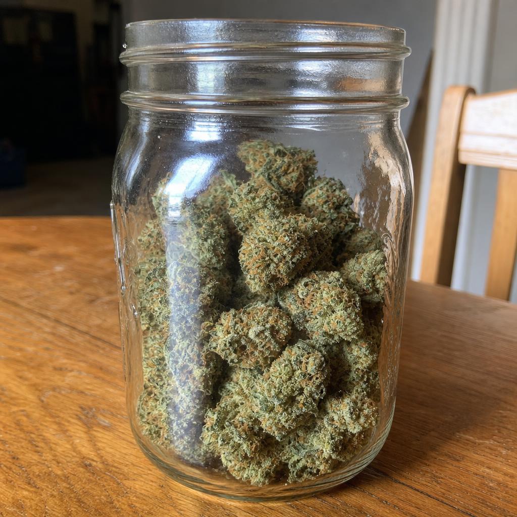 Mason jar filled with trimmed and cured home-grown cannabis buds on a wooden table